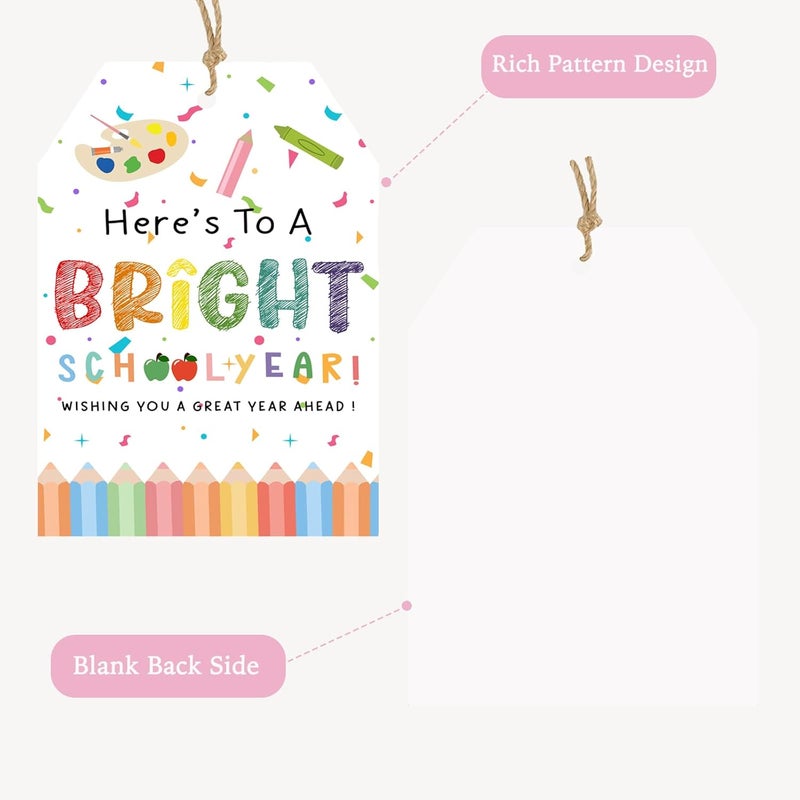 llyinglpdec 50pcs Back to School Gift Tags – “Bright School Year” Paper Tags with String for Teacher Treats, Student Goodie Bags, Classroom Welcome Decor – 2.2x3.3in - Image 3